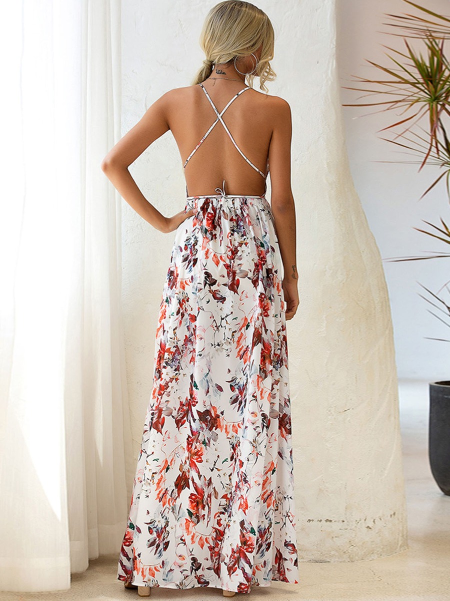 Floral Print Sexy Backless Holiday Maxi Cami Dress