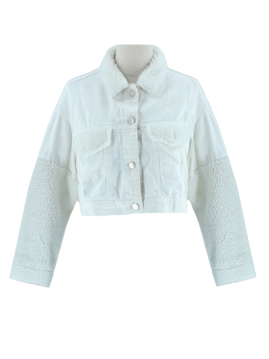 Turn Down Collar Fleece Crop Denim White Jacket