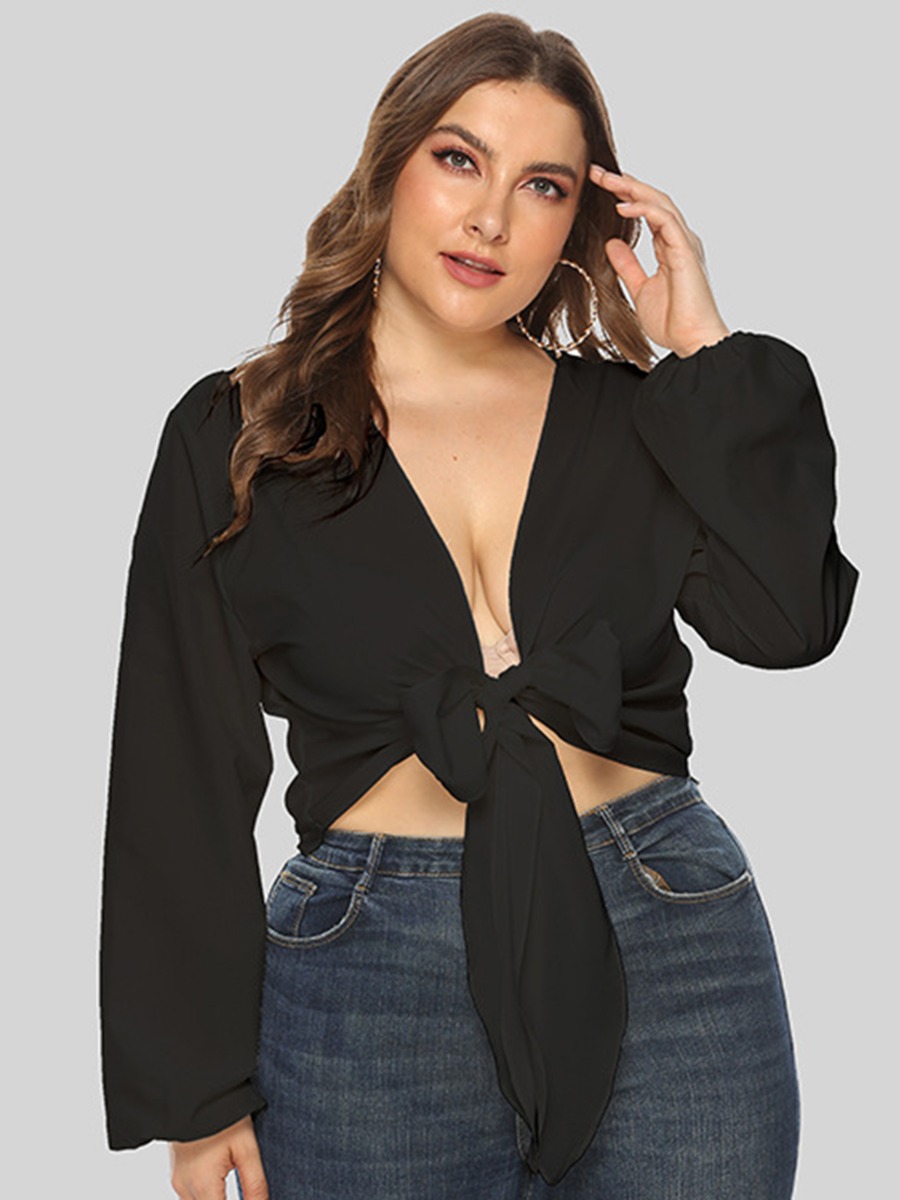 Plus Size Sexy Bow Decor V Back Long Sleeve Top