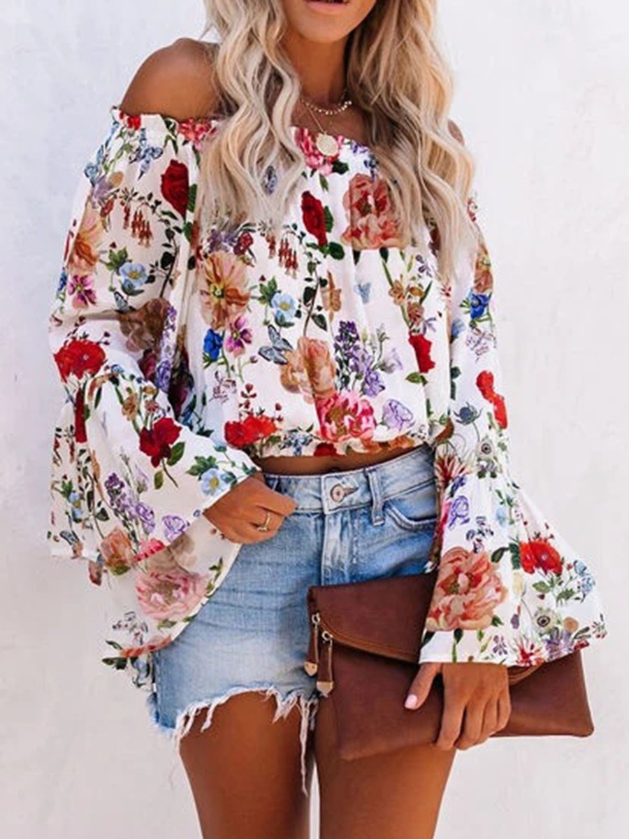 Off Shoulder Floral Print Flare Sleeve Chiffon Top