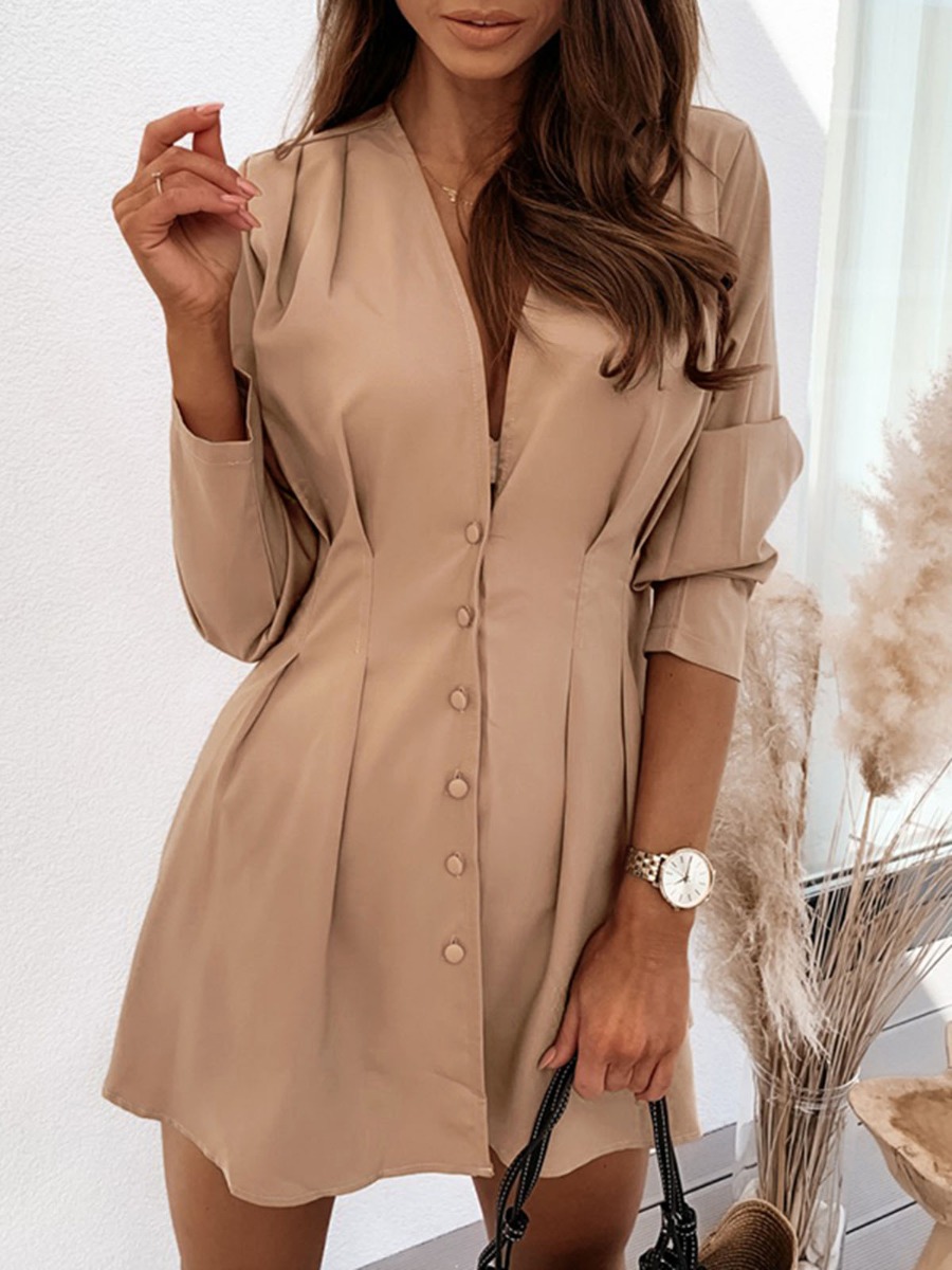 Simple V-collar Button Front Long Sleeve Solid Color Dress