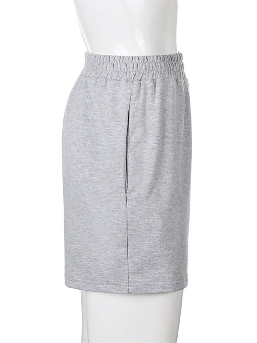 Letter Decor Casual Elastic Waist Grey Shorts