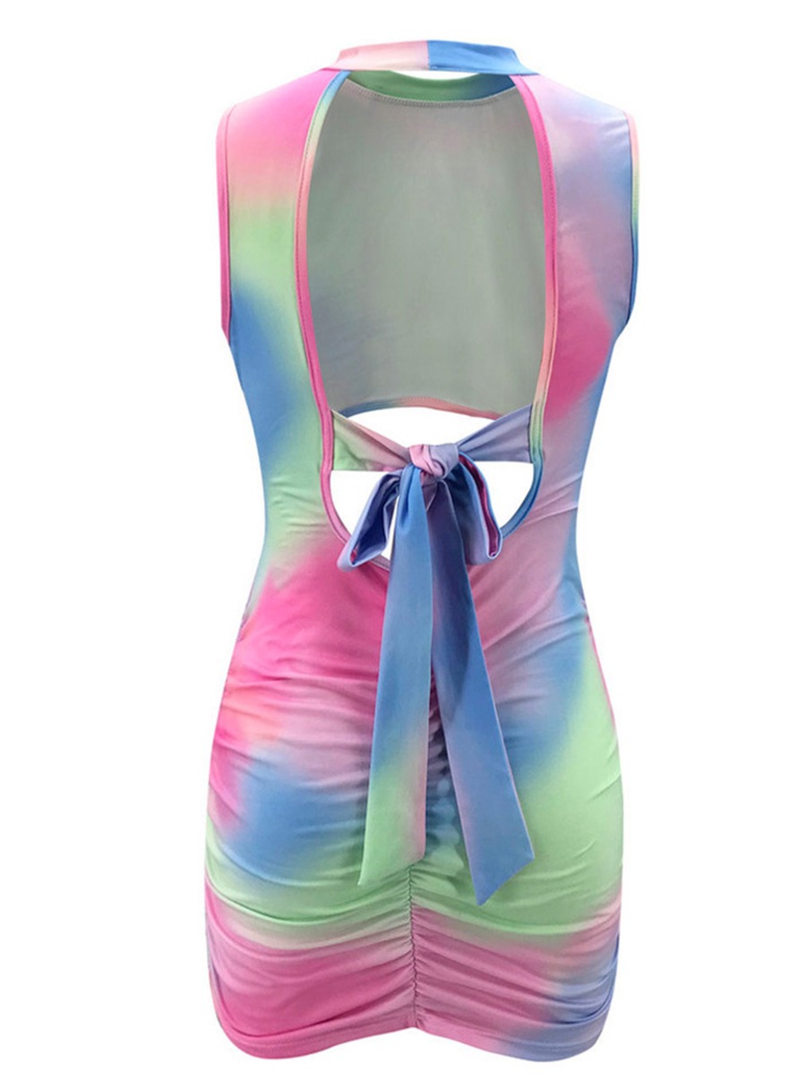 Tie Dye Backless Cutout Tie Back Bodycon Dress