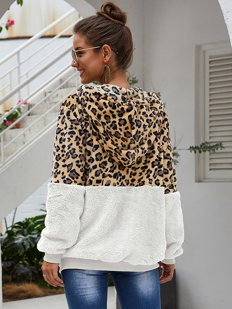 Leopard Patchwork Pocket Side Hoodie Coat