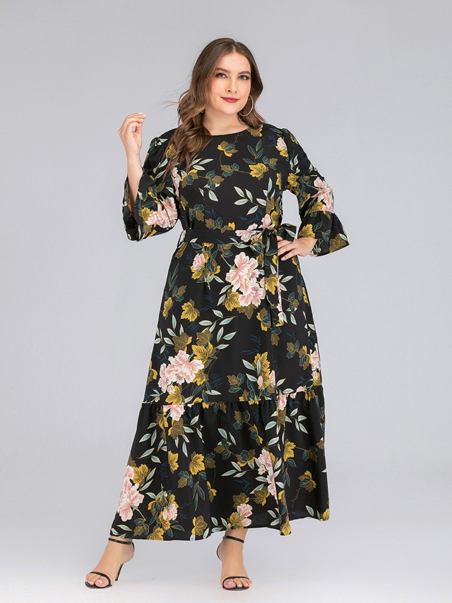 Plus Size Ruffle Trim Floral Print Belted Waist Maxi Dress