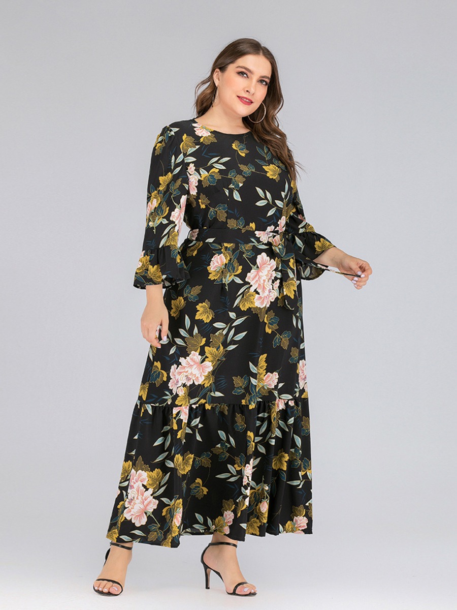 Plus Size Ruffle Trim Floral Print Belted Waist Maxi Dress