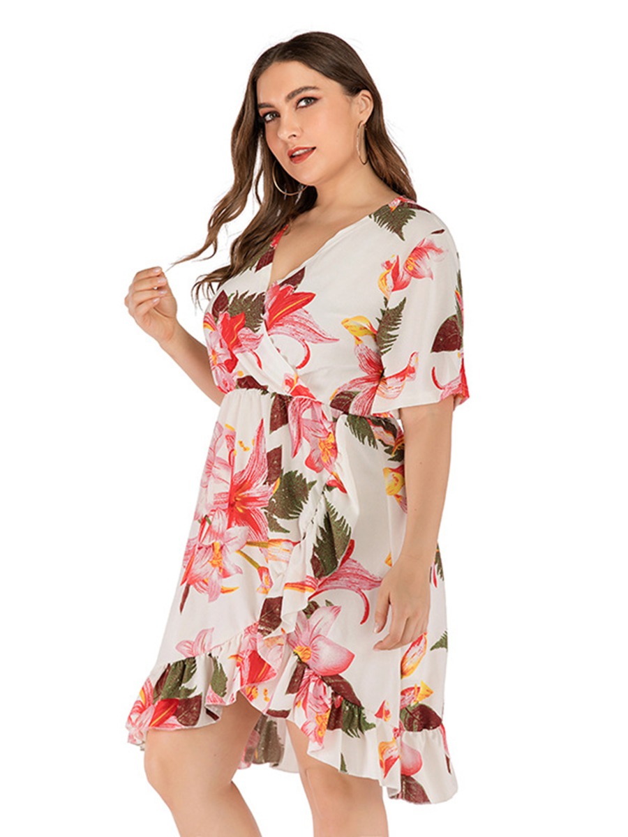 Plus Size Sexy V-neck Floral Print Ruffle Trim Dress