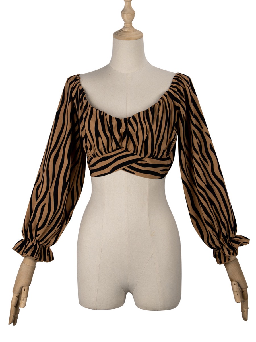 Puff Sleeve Tiger Stripe Pattern Cropped Blouse