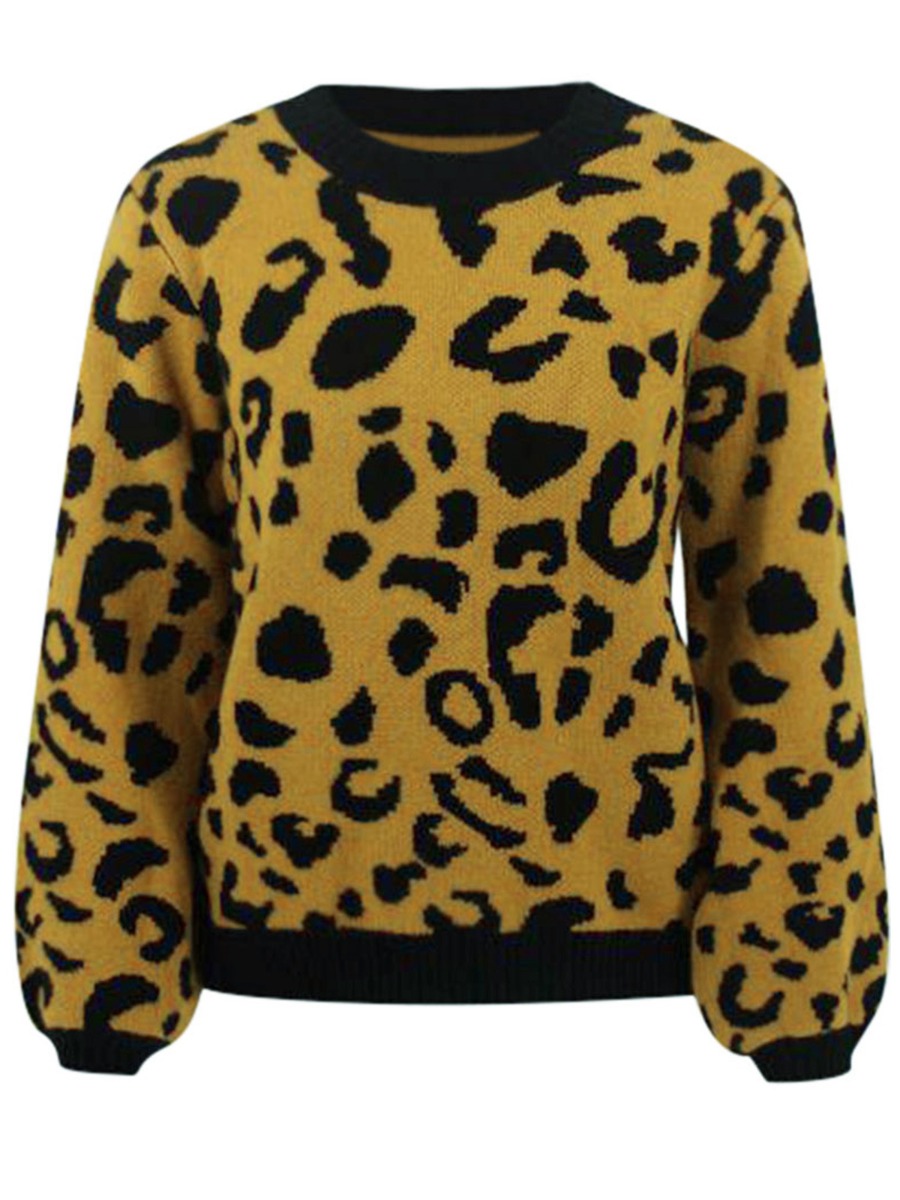 Leopard Round Contrast Collar Casual Sweater