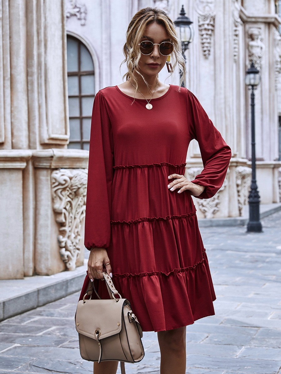 Solid Color Layered Women Frill Dress