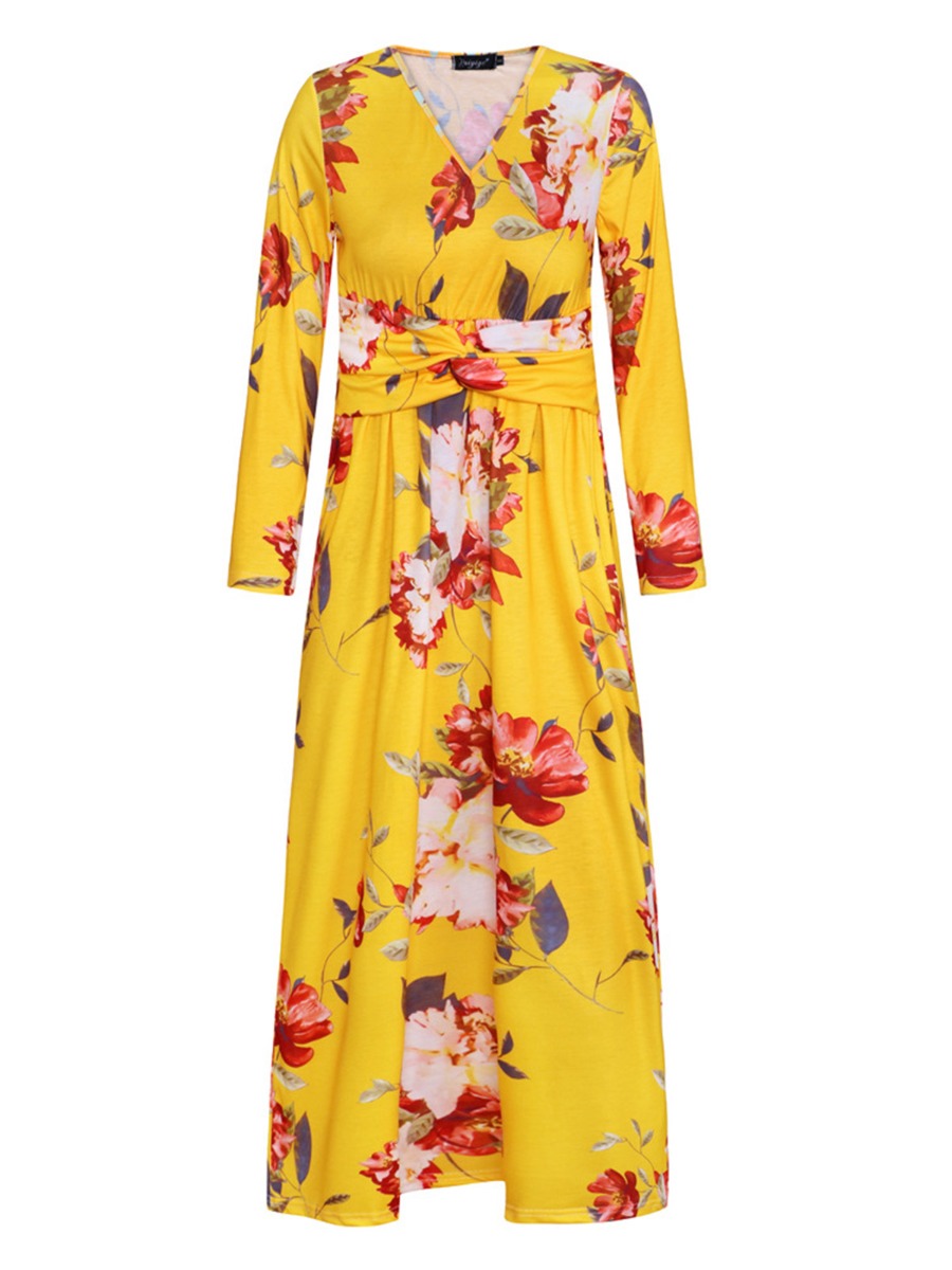 Floral Print V-collar Twist Waist Maxi Dress