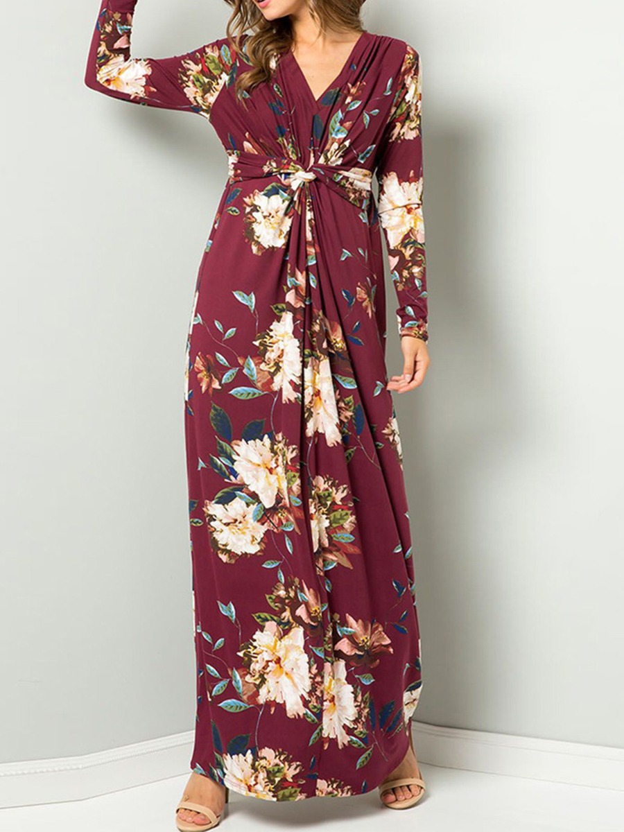 Floral Print V-collar Twist Waist Maxi Dress
