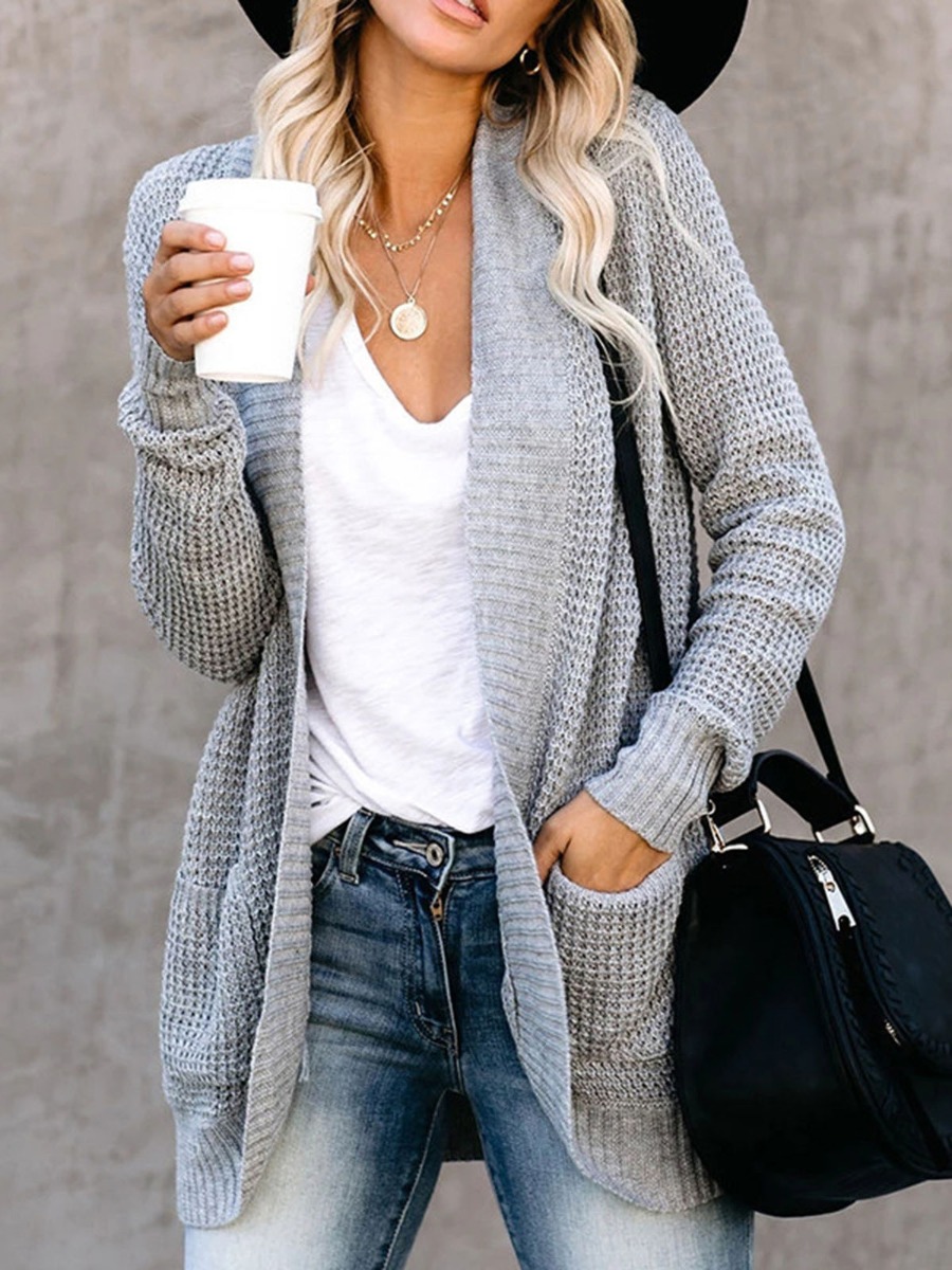 Solid Color Pocket Side Knit Casual Cardigan