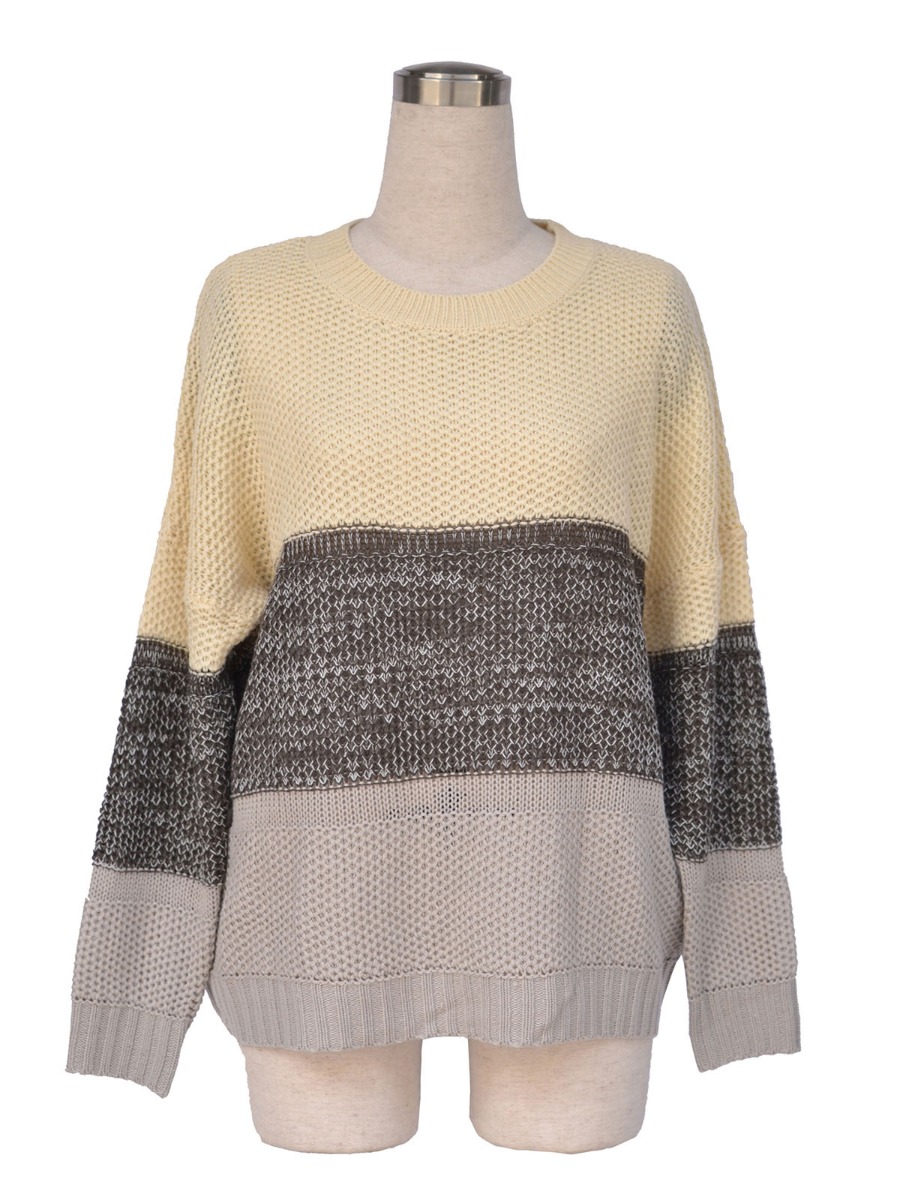 Three Tone Colorblock Round-collar Knitted Pullover