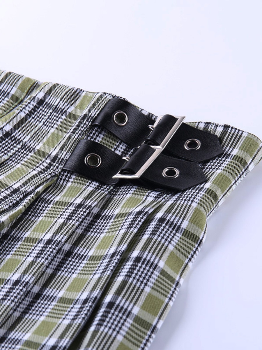 Plaid Chain Belt Decor Pleated High-waist Skirt