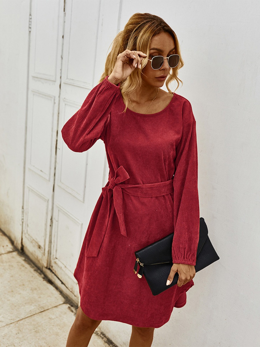 Solid Color Belted Waist Long Sleeve Dress