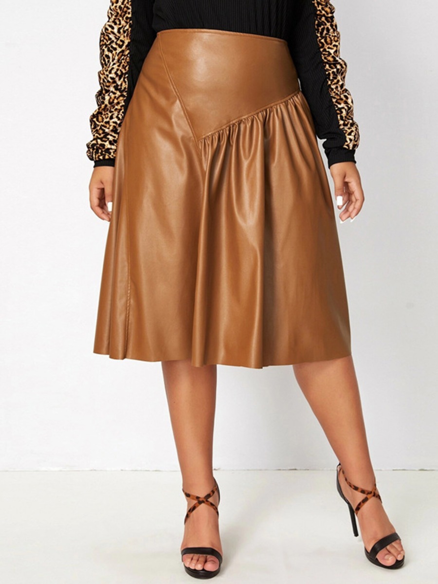 Plus Size Pu Leather Solid Color A-line Skirt