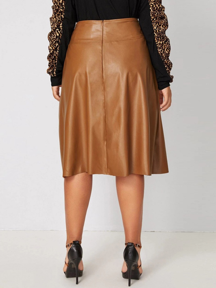 Plus Size Pu Leather Solid Color A-line Skirt