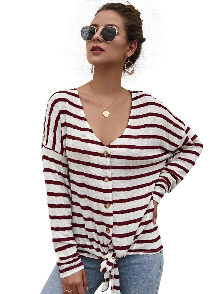 Striped Tie Hem Button Front Cable Knit Cardigan - SheStar