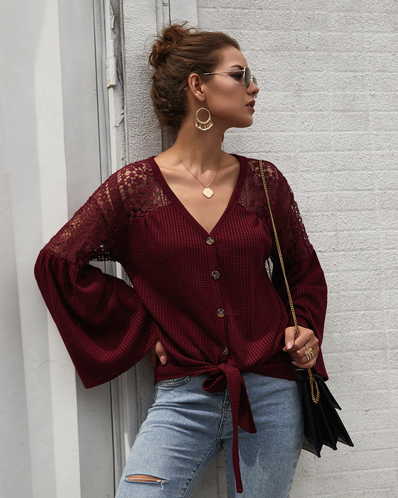 Lace Patchwork Flare Long Sleeve Solid Color Cardigan