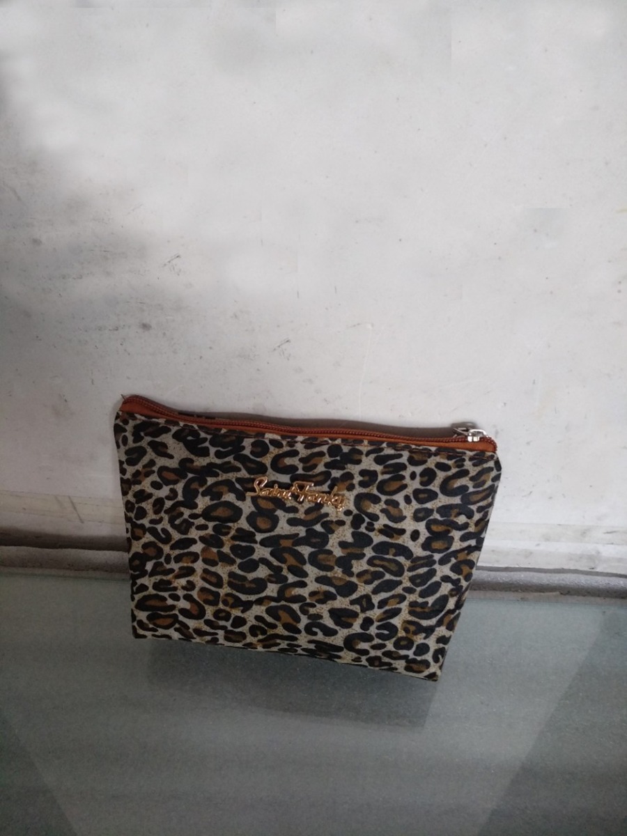 Letter Decor Leopard Plaid Zipper Clutch Bag