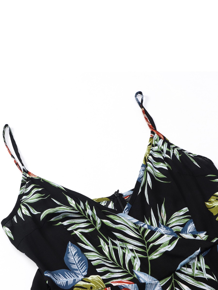 Sexy V-collar Split Thigh Tropical Cami Jumpsuits