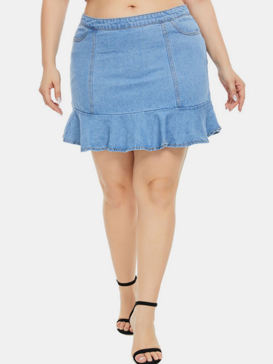 Plus Size Ruffle Trim Solid Color Denim Skirt
