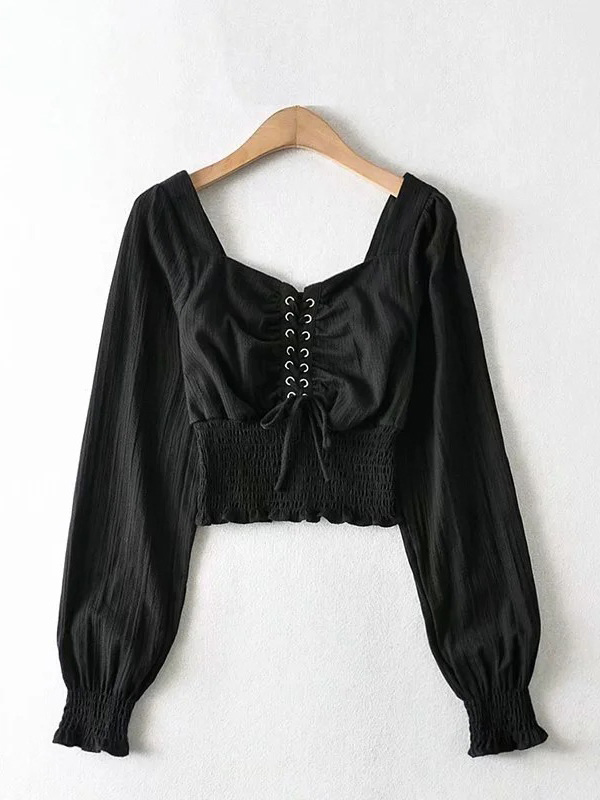 Square Collar Lace-up Tie Shirred Frill Blouse