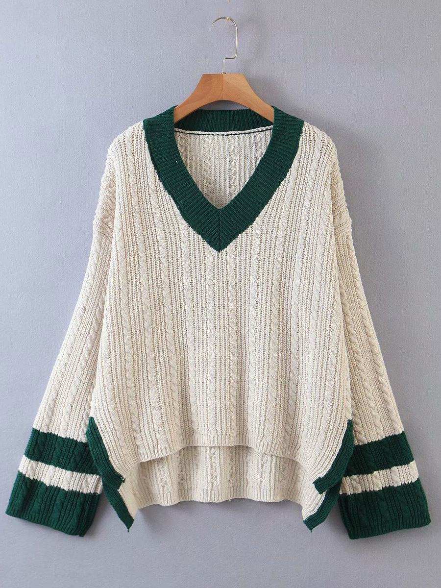 Striped Colorblock V-collar Ribbed Sweater