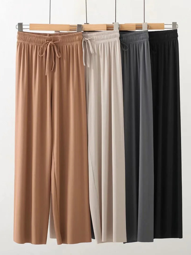 Solid Color Wide-leg Drawcord Trousers