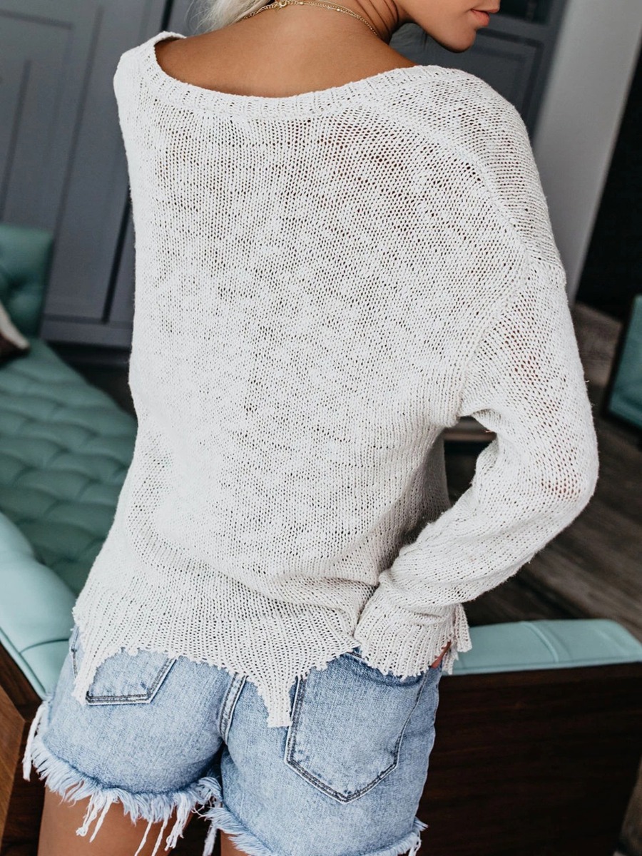 V-collar Cutout Hem Plain Knitted Pullover