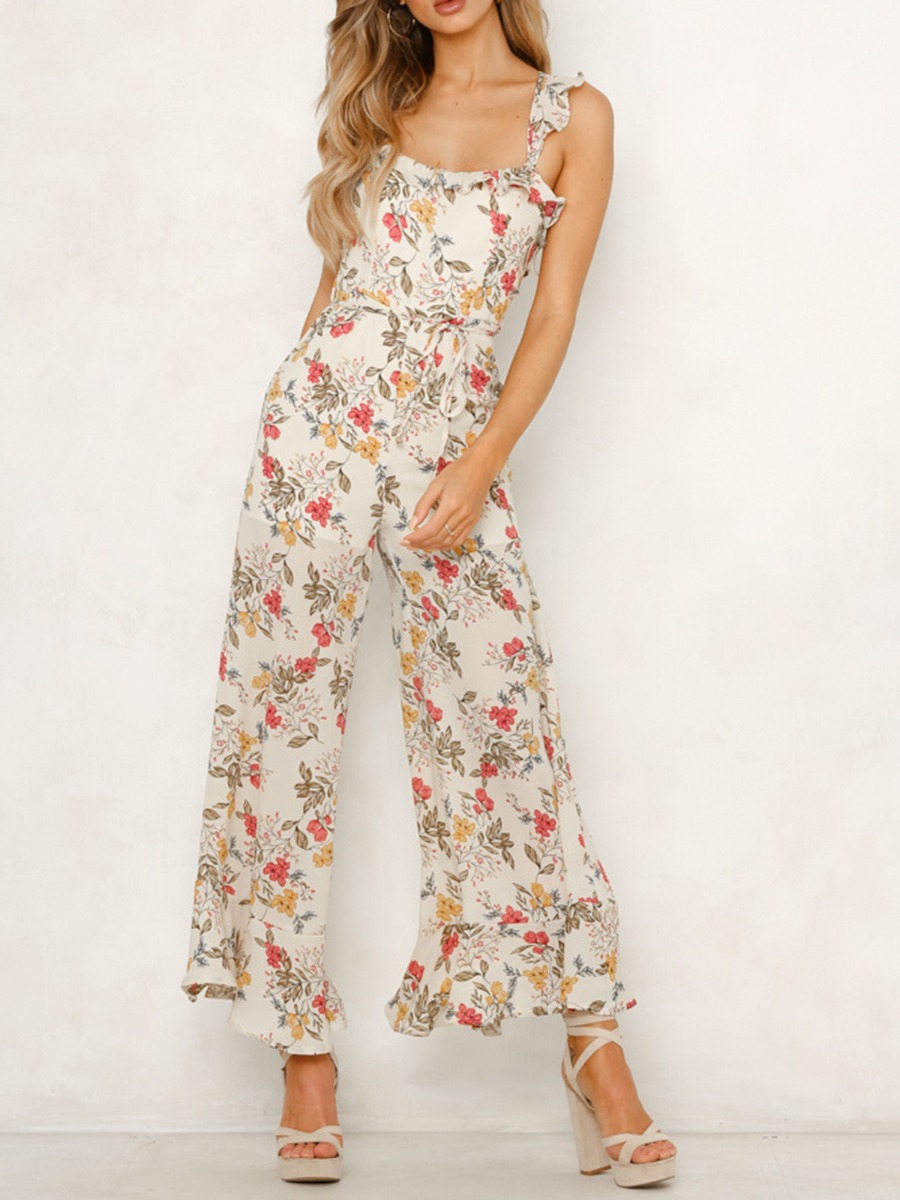 Sexy Floral Print Backless Ruffle Cami Jumpsuits