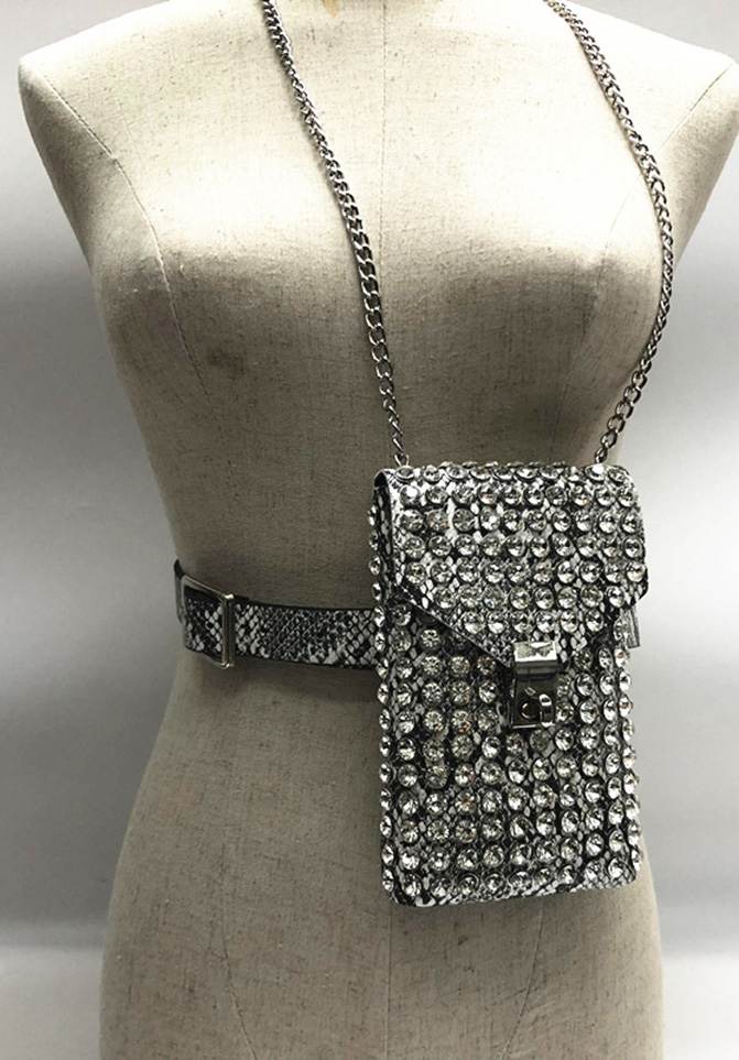 Rhinestone Decor Chain Crossbody Waist Bag With Belt