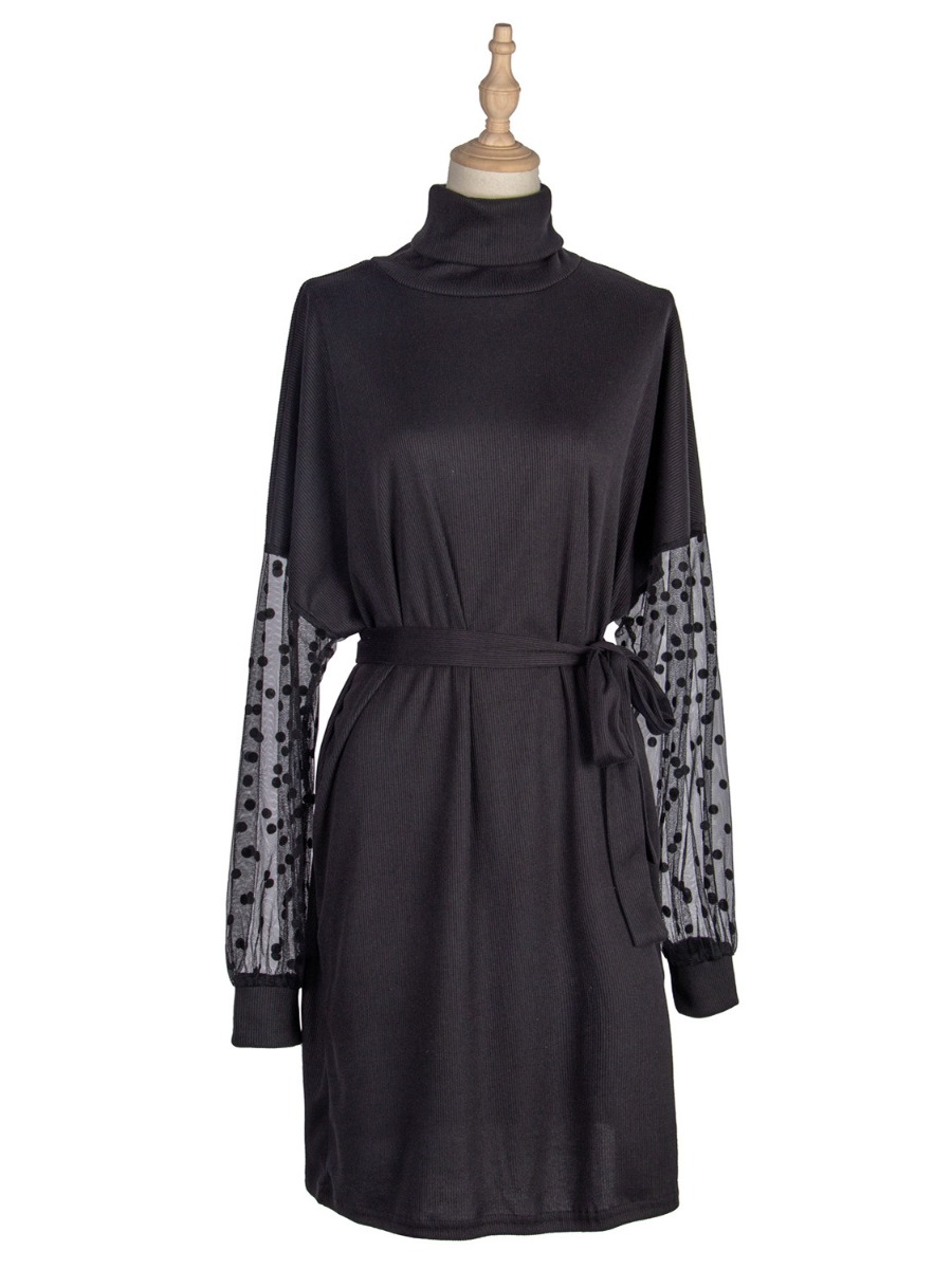 Polka Dot Mesh Sleeve Knit Black Dress With Belt