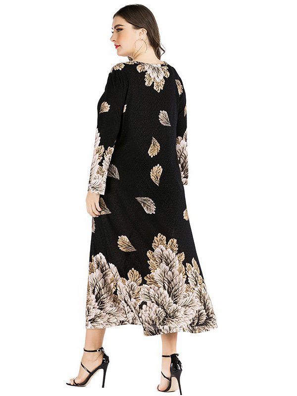 Plus Size Floral Leaf Print Pocket Dress