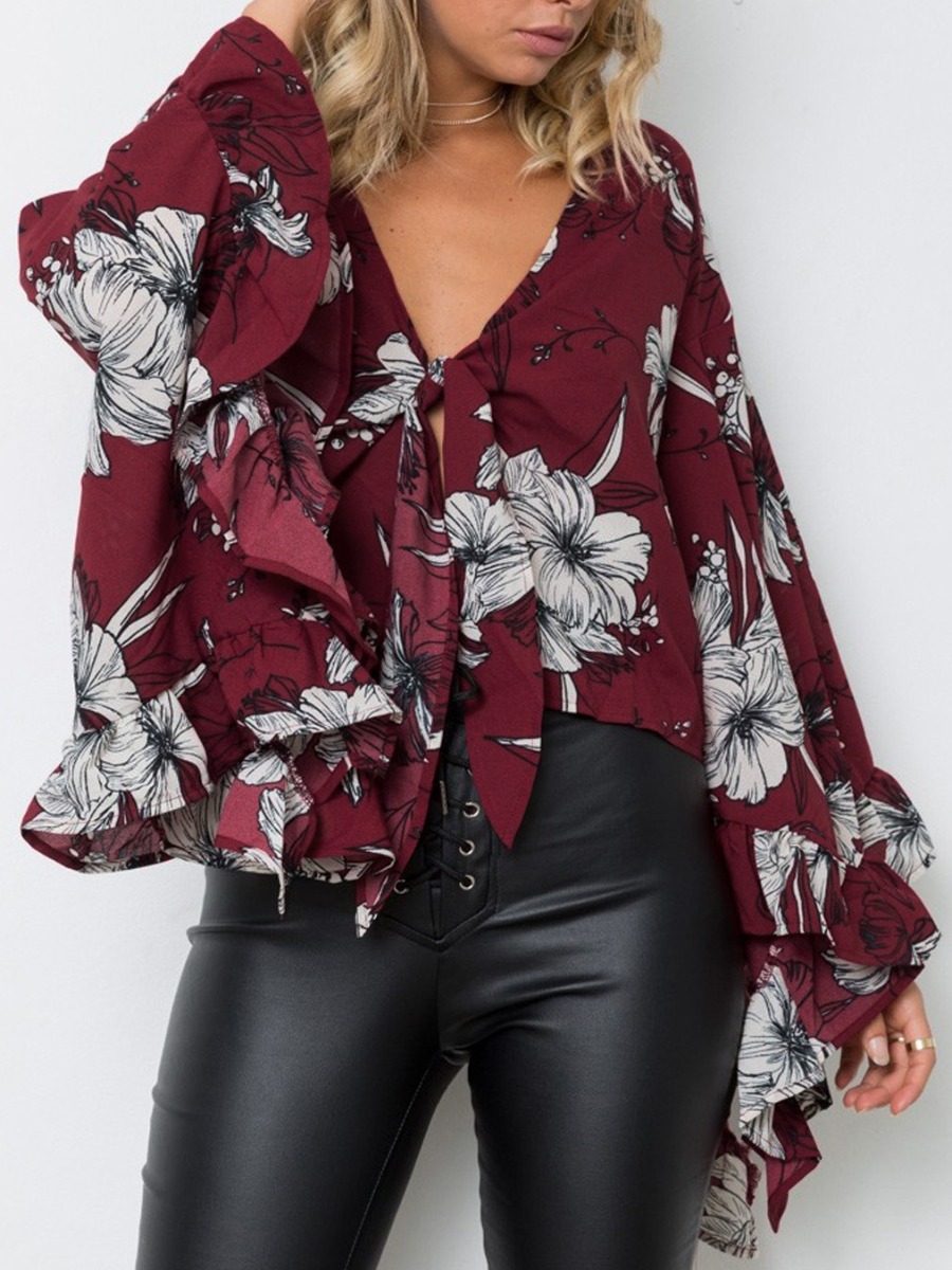 Sexy Flare Sleeve Flower Print Cropped Blouse