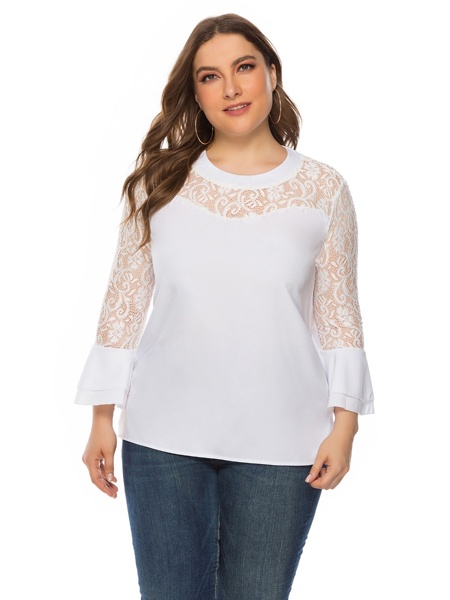 Plus Size Bell Sleeve Lace Patchwork Blouse