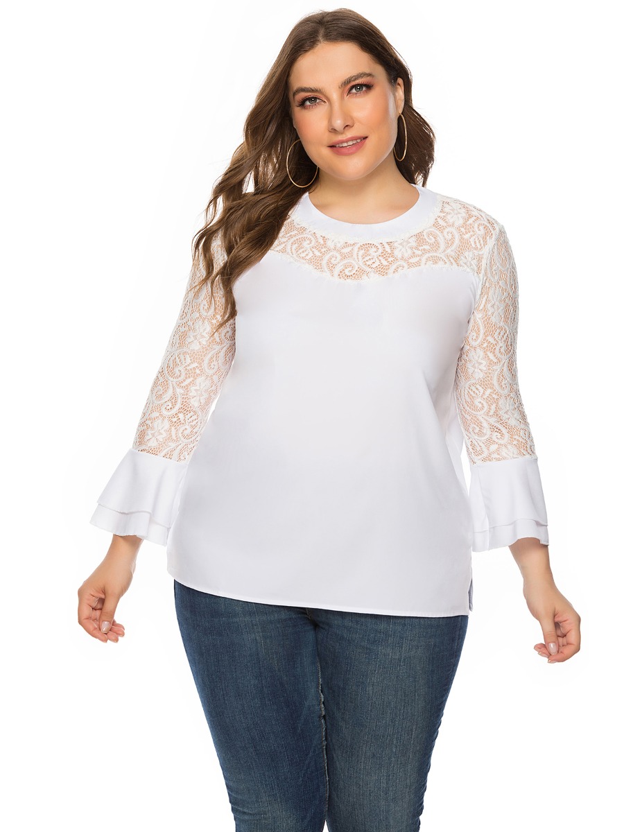 Plus Size Bell Sleeve Lace Patchwork Blouse