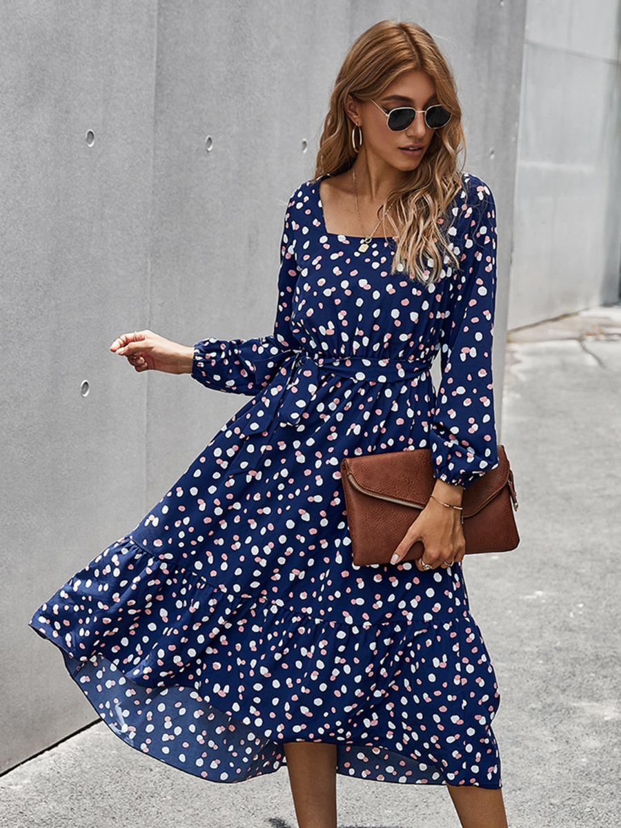 Square Collar Belted Polka Dots Flounce Dress