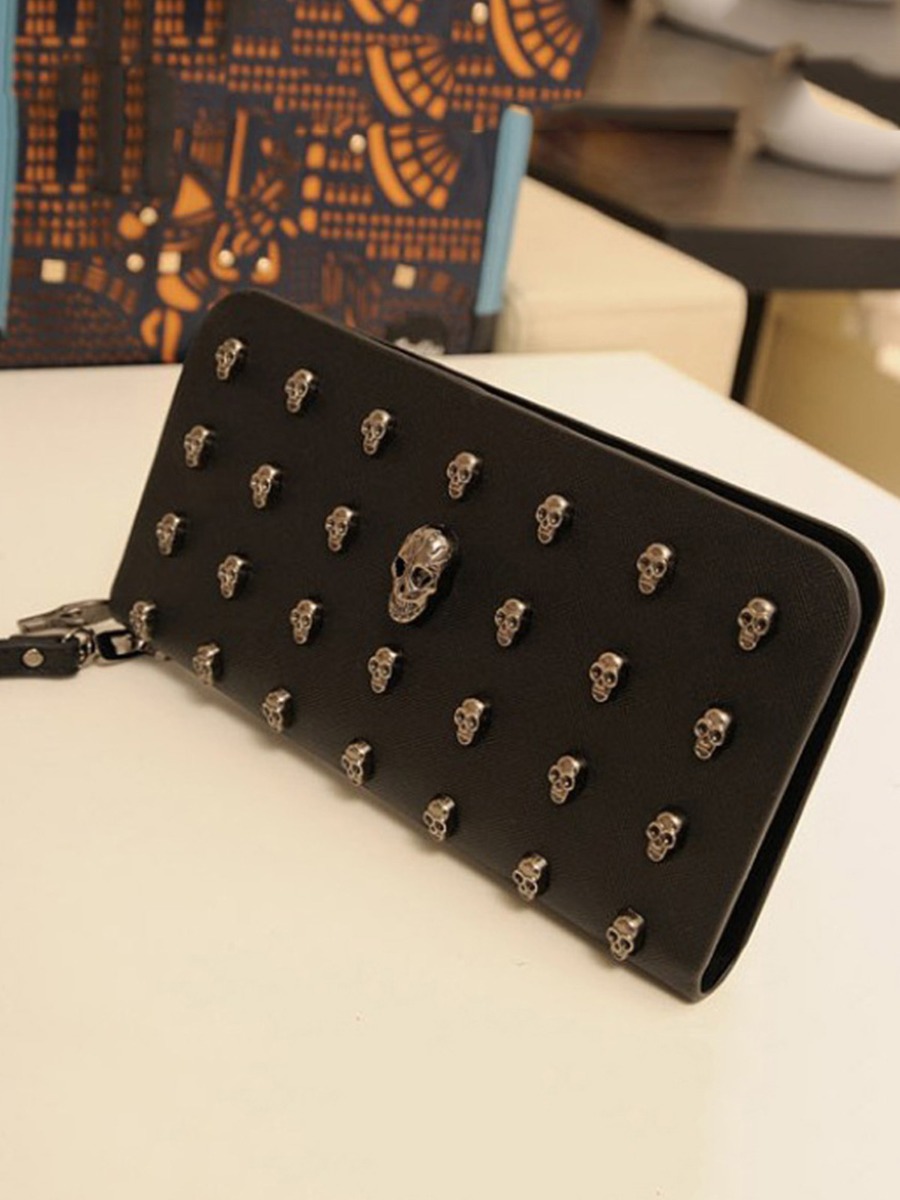 Skull Decor Black Zipper Wallet Handbag