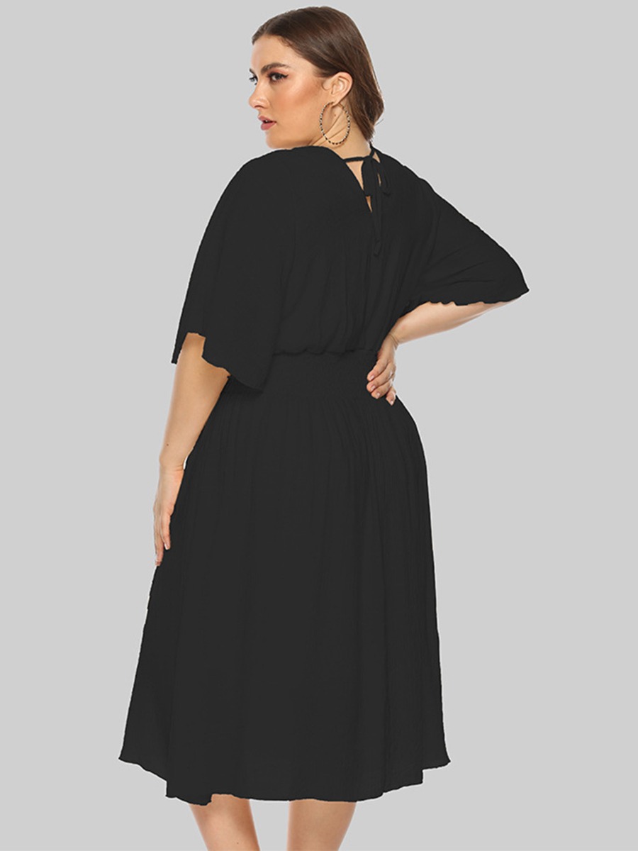 Plus Size Bell-bottom Sleeve Shirred Dress