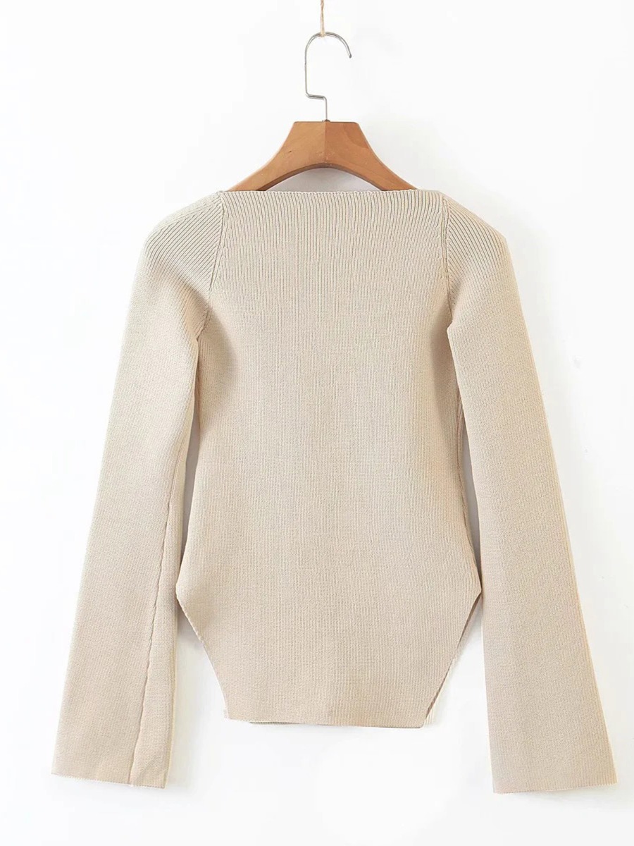 Sweetheart Collar Irregular Hem Plain Knitted Sweater