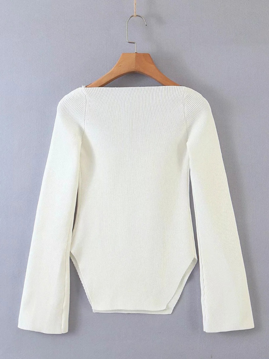 Sweetheart Collar Irregular Hem Plain Knitted Sweater