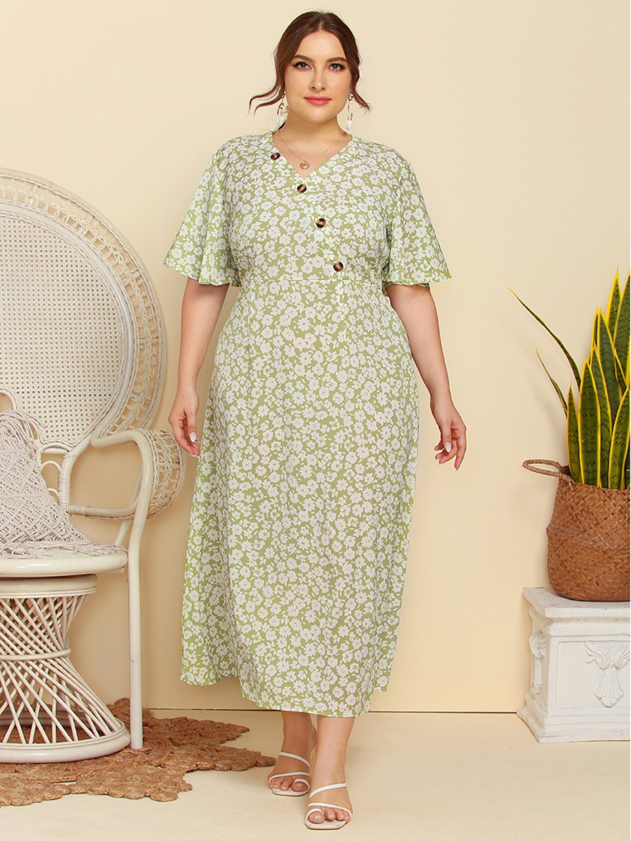 Buy Plus Size Floral Print Button Decor Dress - SheStar