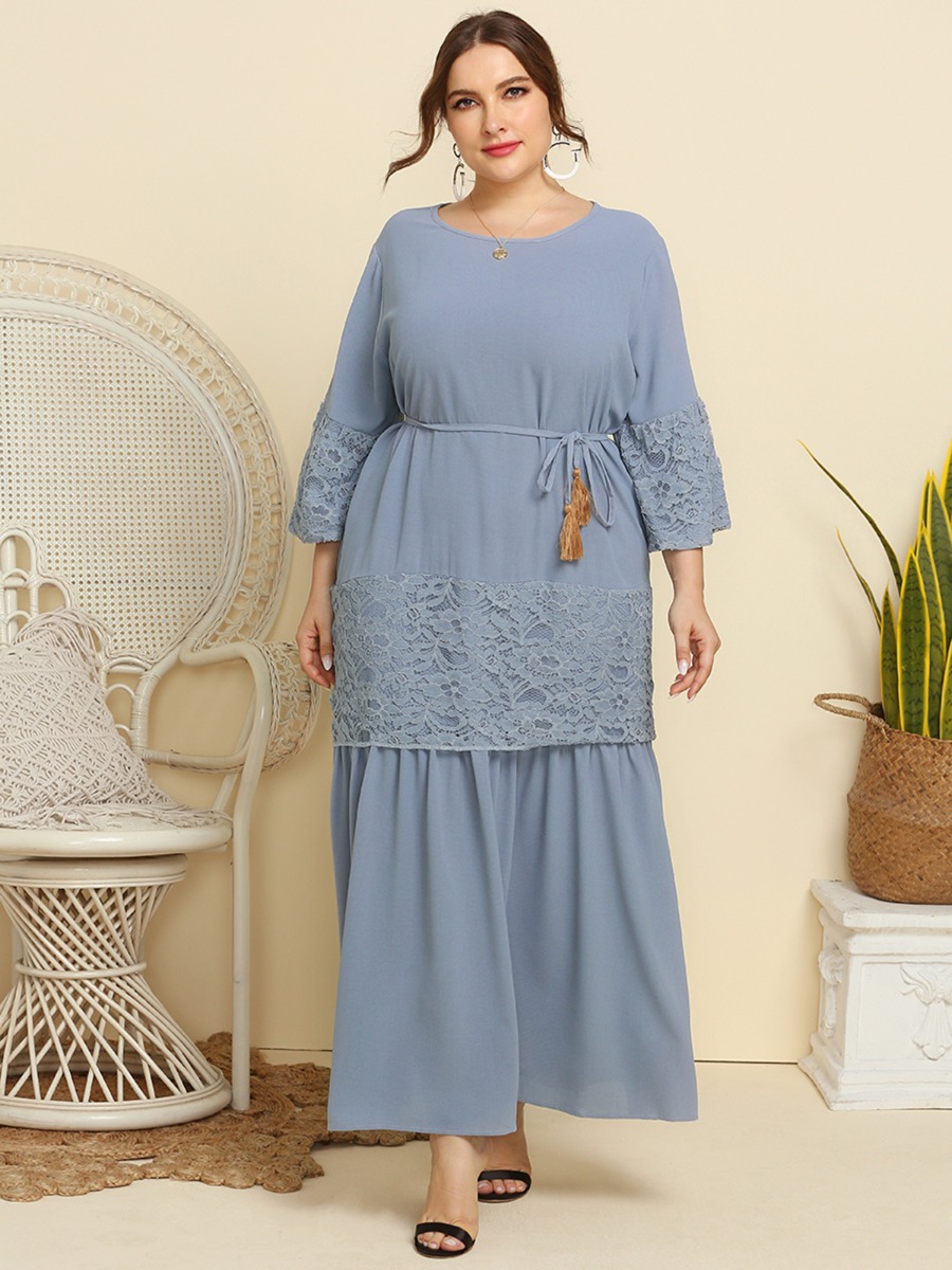 Plus Size Flare Sleeve Lace Patchwork Tie Dress