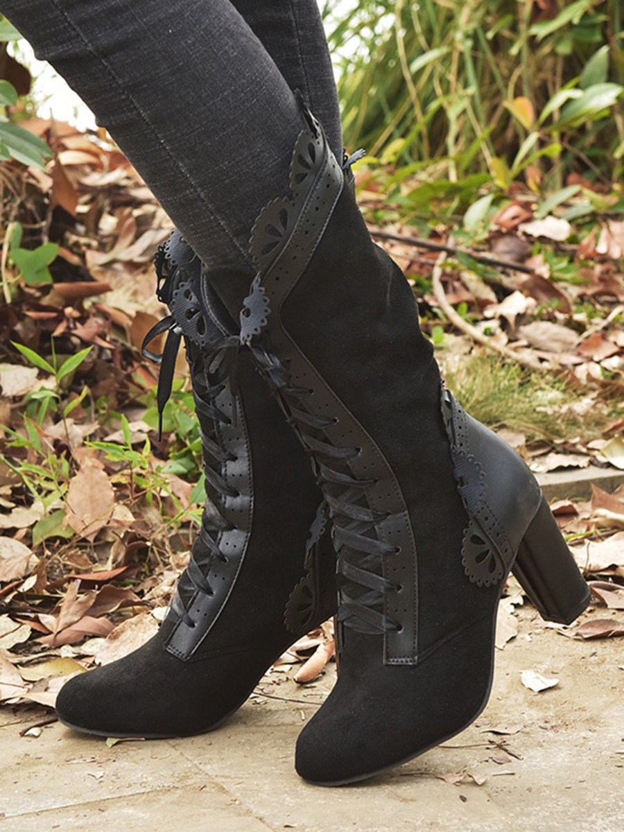 Laciness Trim Lace-up Suede High-heel Boots