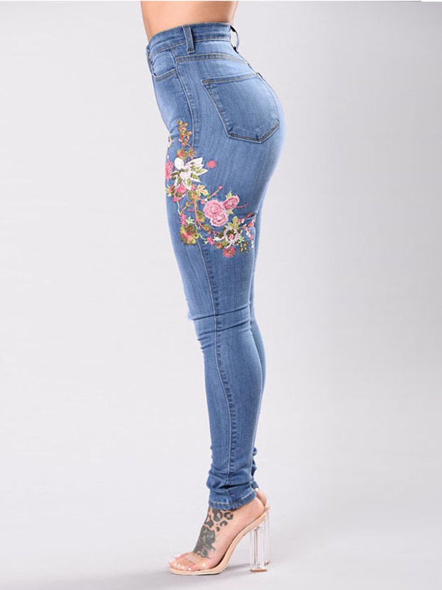 Flower Embroidery Ripped Denim Jeans