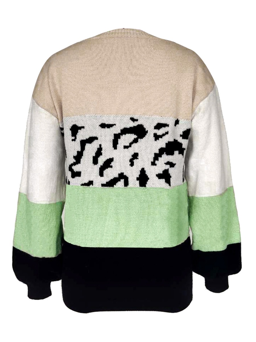 Color Blocking Leopard Detail Jersey Sweater