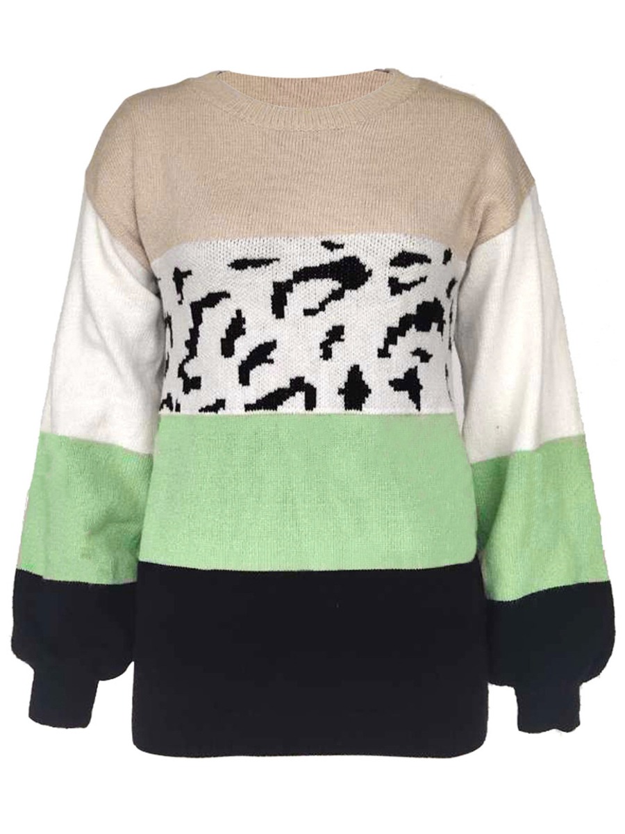 Color Blocking Leopard Detail Jersey Sweater
