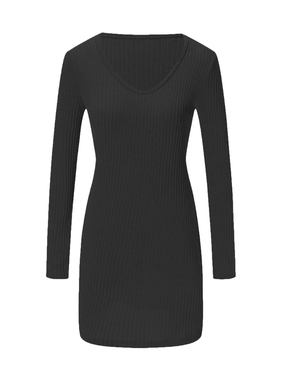 Solid Color Bodycon Rib-knit Dress